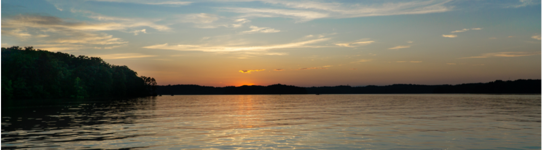A body of water with trees and a sunset in the background.