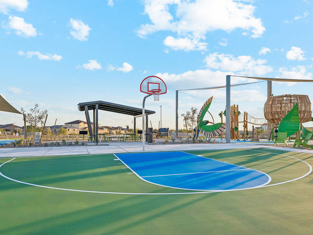 A basketball court with a basketball hoop.