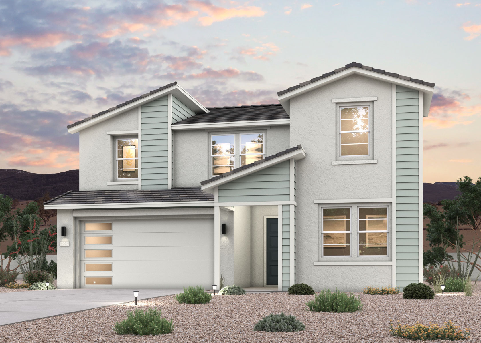 Twilight rendering of front of new 2-story MCM home for sale in Buckeye, AZ with 2 car garage.