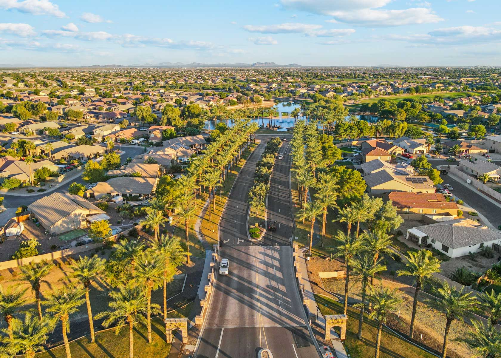 A city with trees and water.