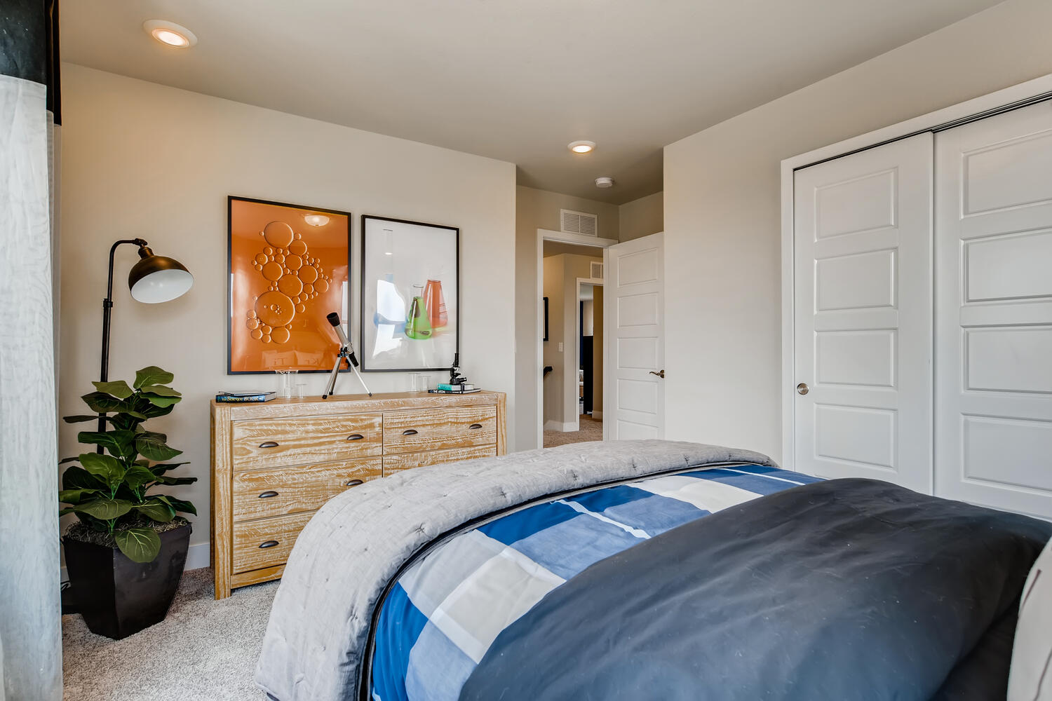 A bedroom with a bed and a dresser.