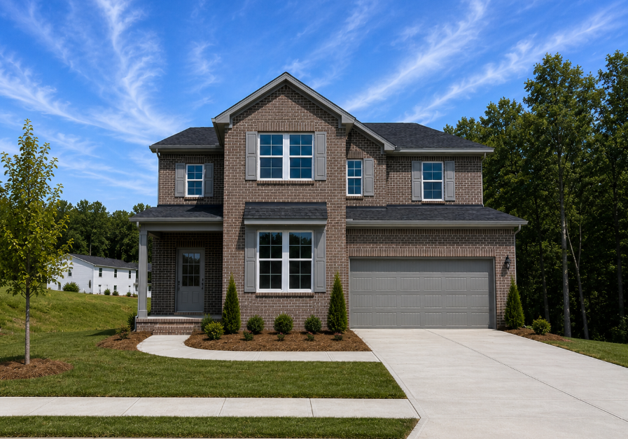 A house with a driveway and trees.