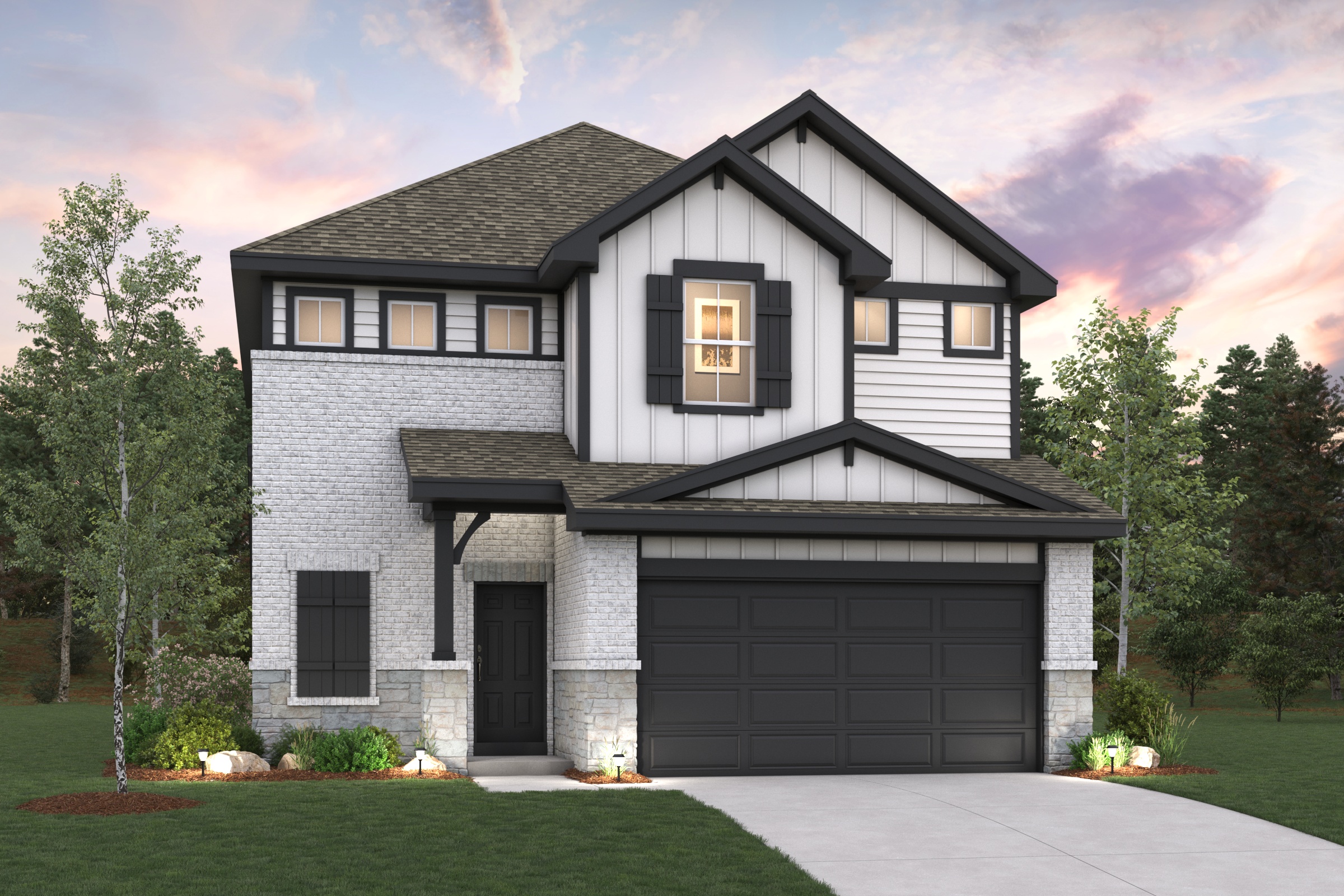 A grey house with a garage.