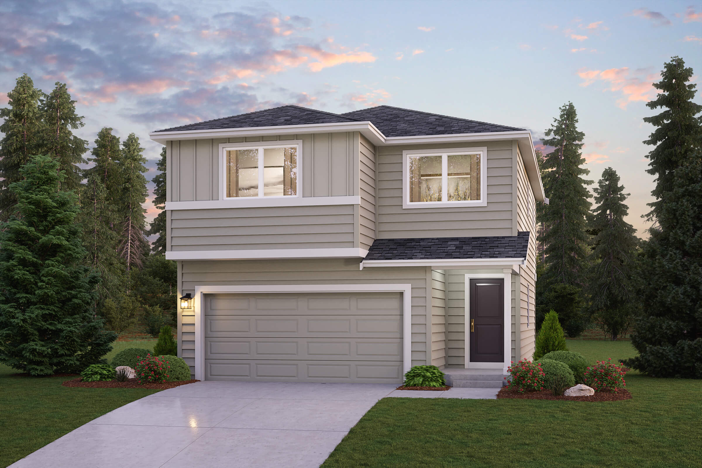 A house with a garage and trees around it.