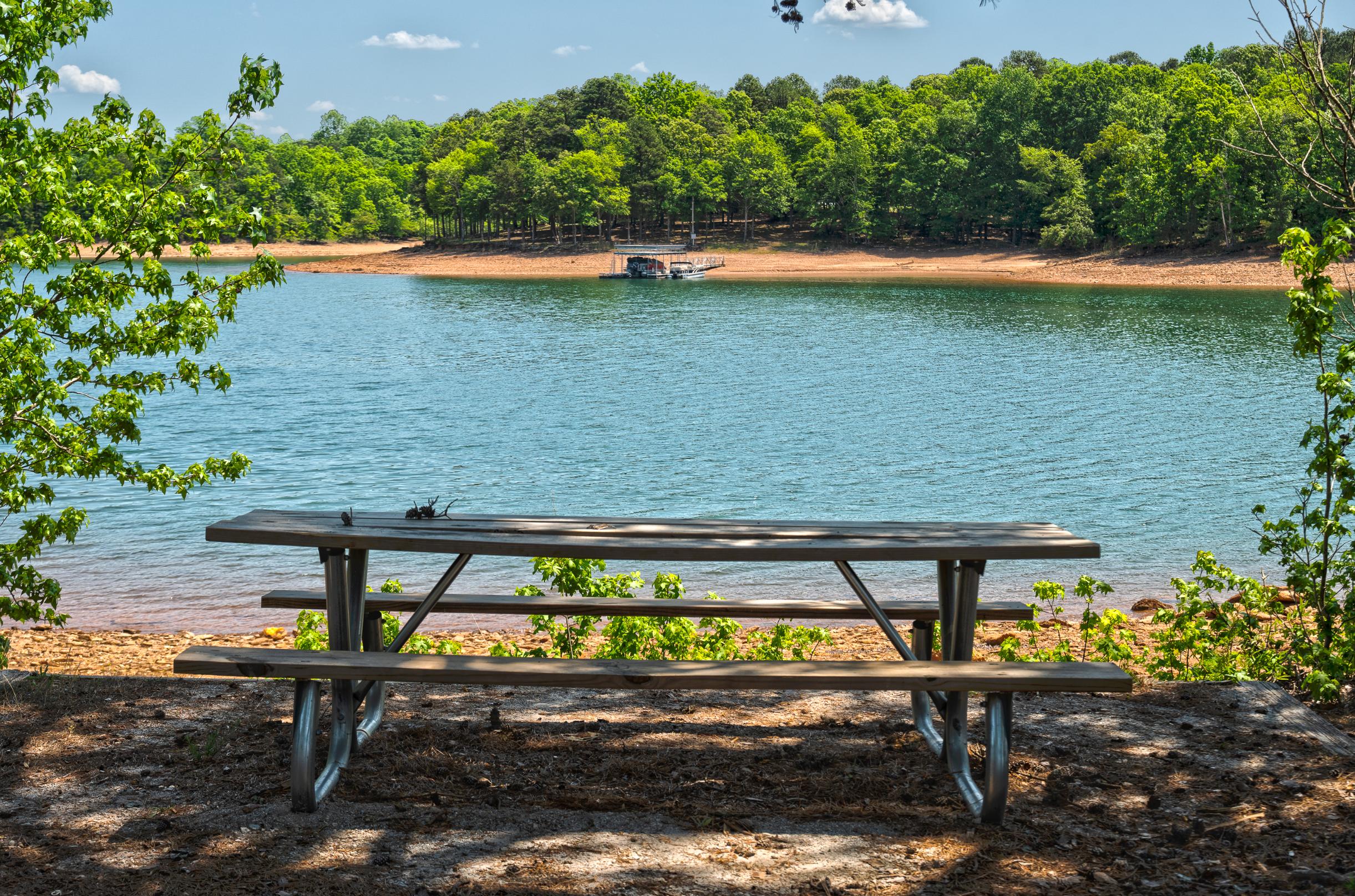 A bench overlooking a lake.