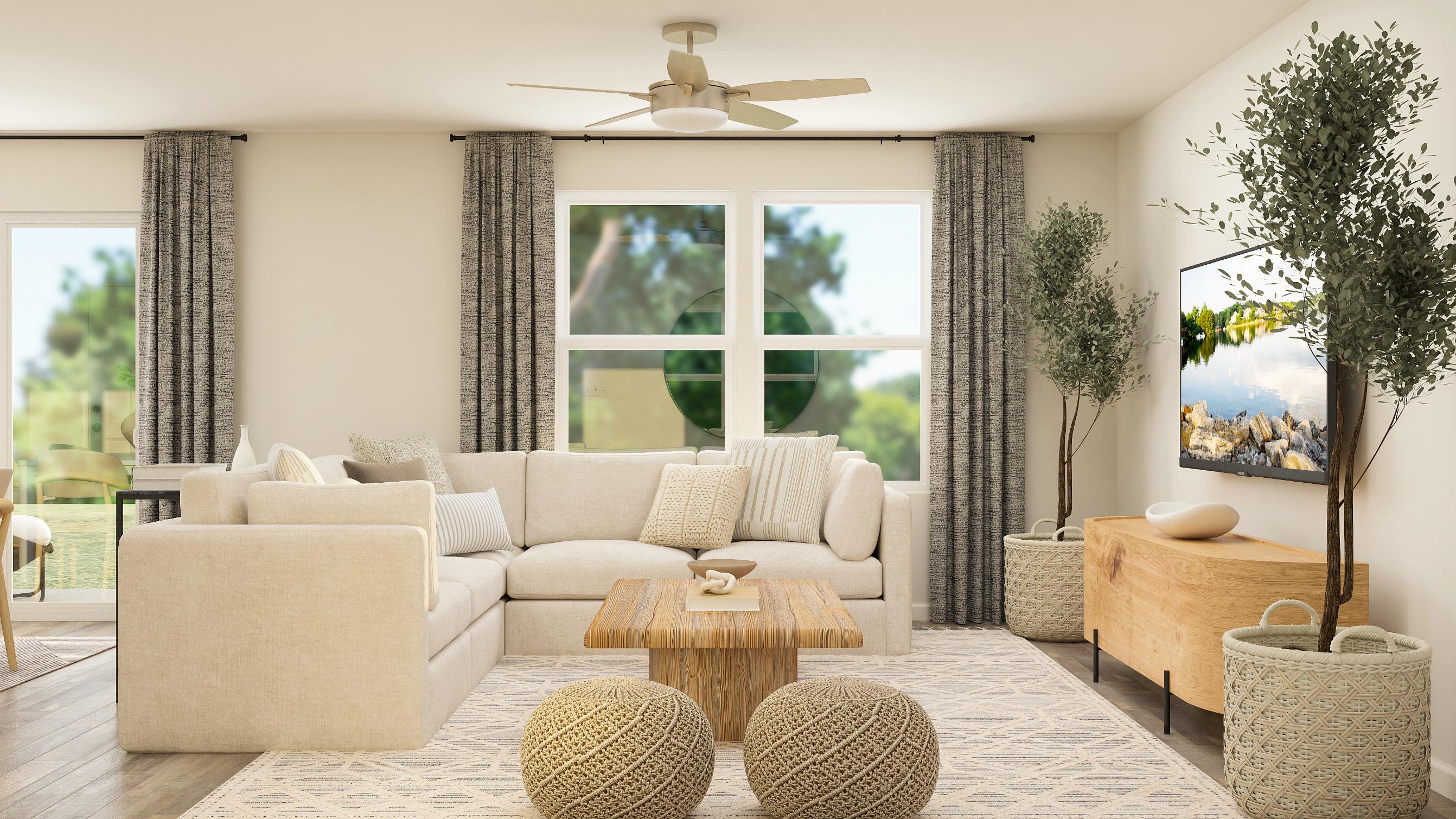 A living room with a large window.