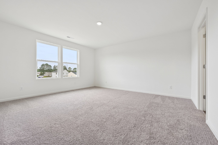 A room with a carpet and windows.